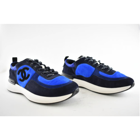 Chanel 21K Blue Suede White CC Logo Lace Up Tie Flat Runner Trainer Sneaker 39.5 - Picture 6 of 11